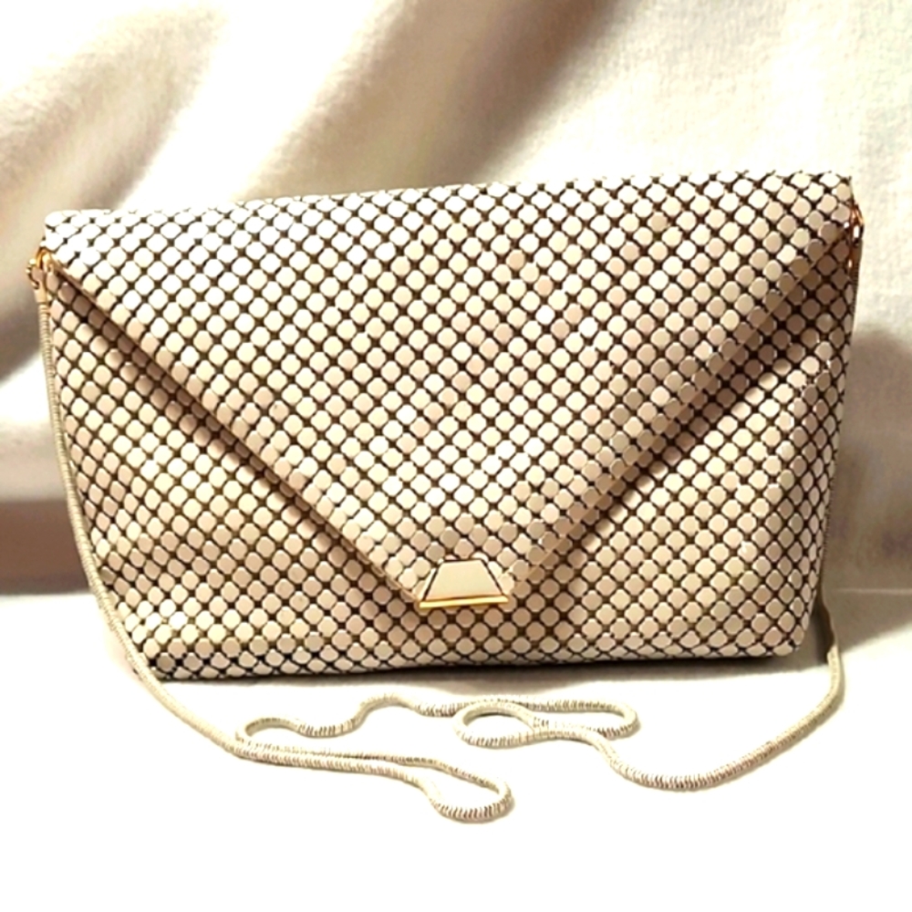 Clearance Cream Textured Wristlet with Triangular Flap. Soft OFF WHITE/TAN Mesh